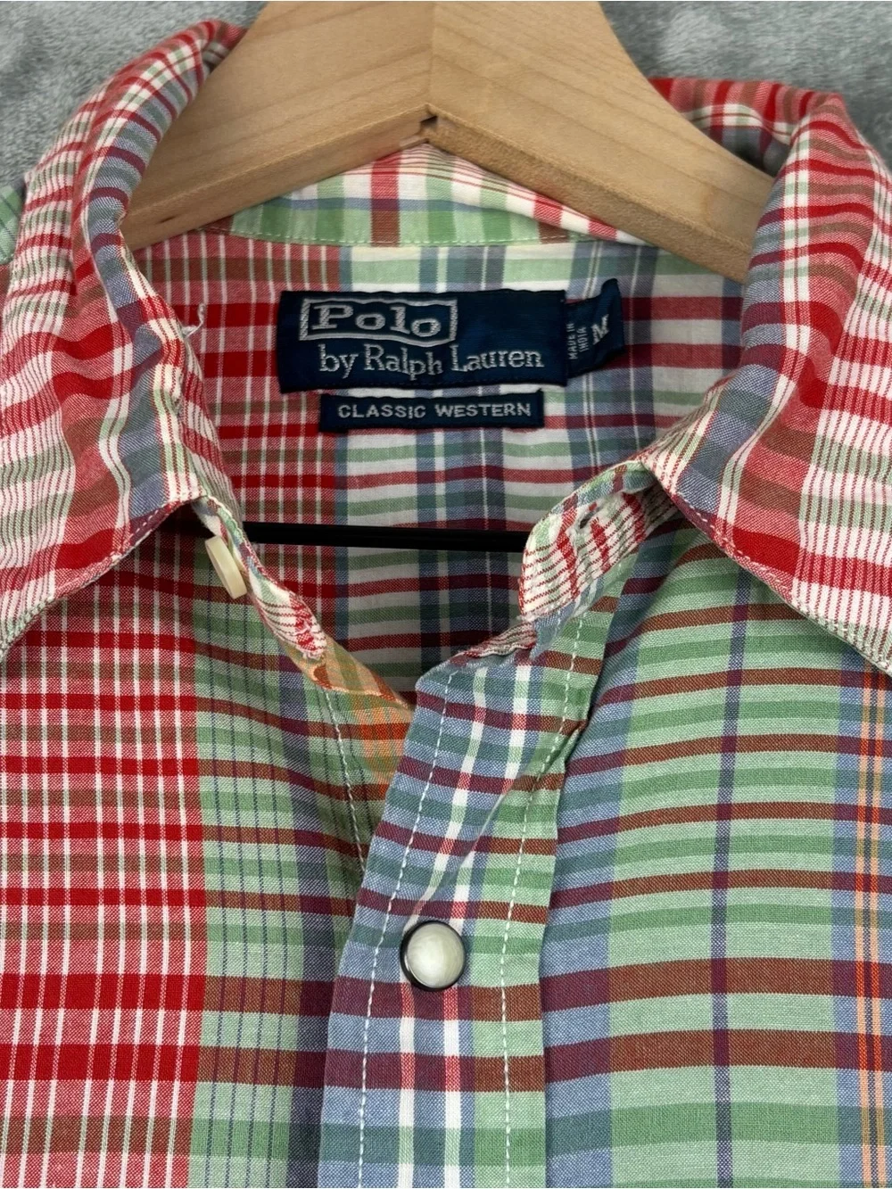 Polo Ralph Lauren Vintage‎ Classic Western Shirt Plaid Pearl Snap Mens Medium